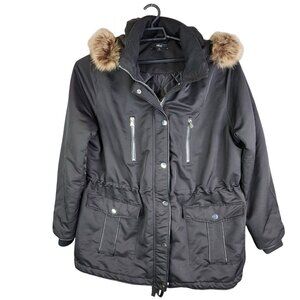 Womens Ellos Black Full Zip & Button Parka Jacket Faux Fur Hood Polyester 20
